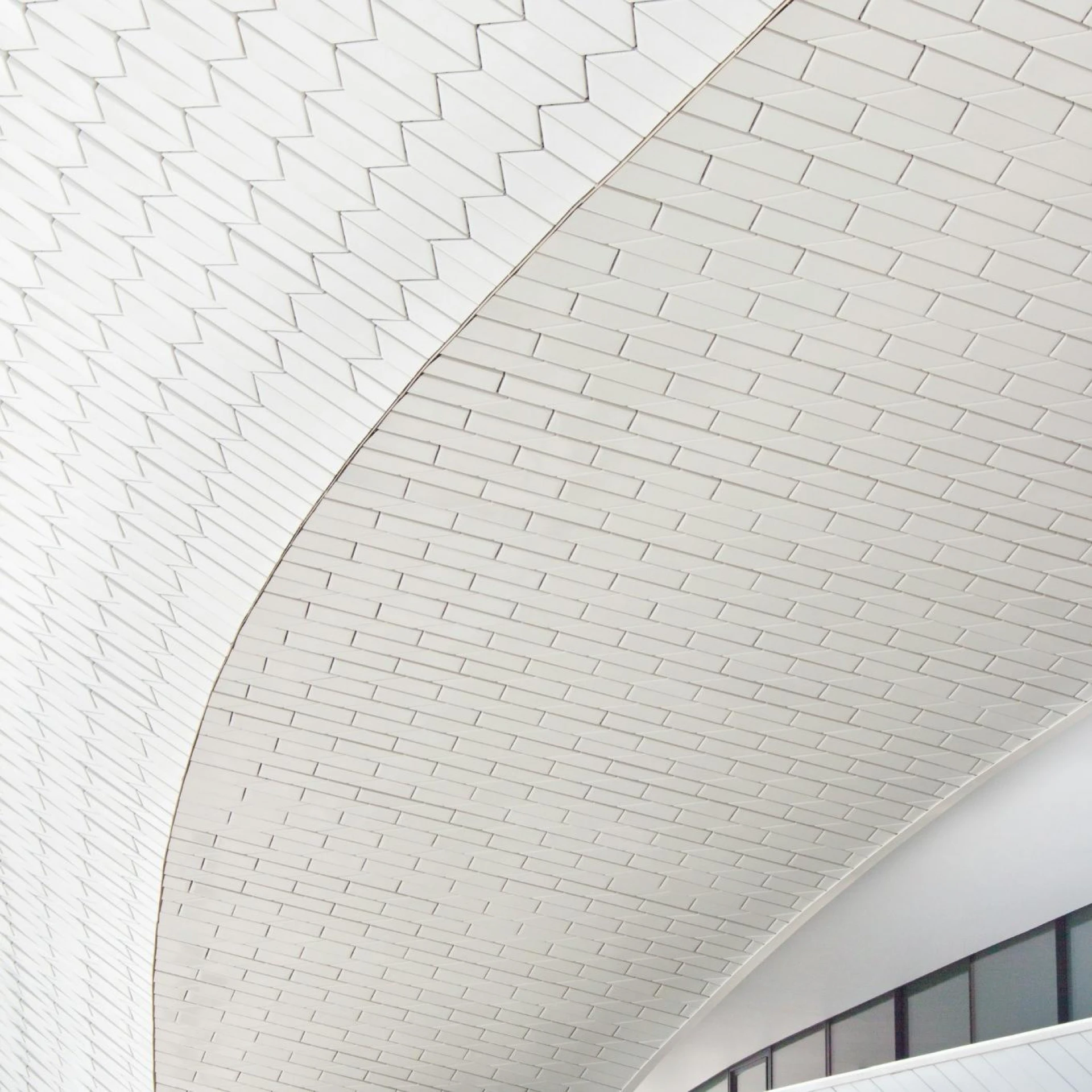 Interior of a modern structure with a white tiled ceiling curving gracefully, featuring geometric patterns.