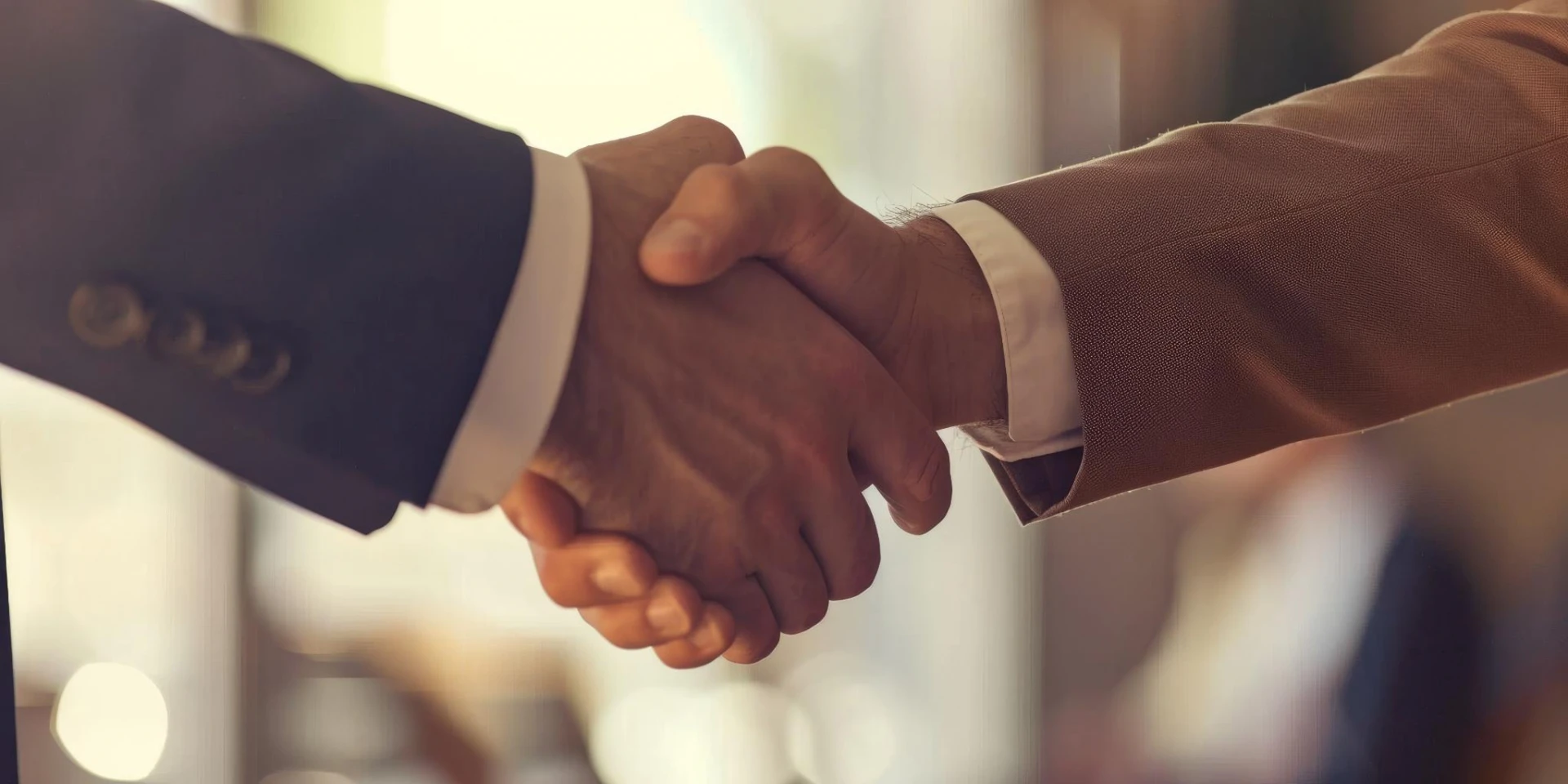 A close-up of two individuals shaking hands, symbolizing partnership and agreement, set against a softly blurred background of a professional setting.
